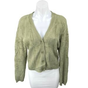 Rachel Zoe Green Faux Fur V Neck Button Down Cardigan Sweater Top Size M